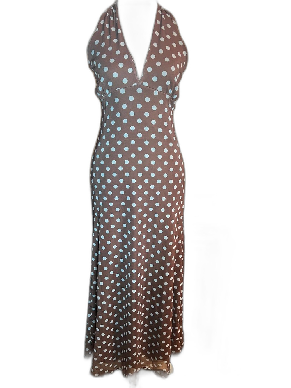 See You Monday Brown Maxi Dress with Turquoise Polka Dots Size XL